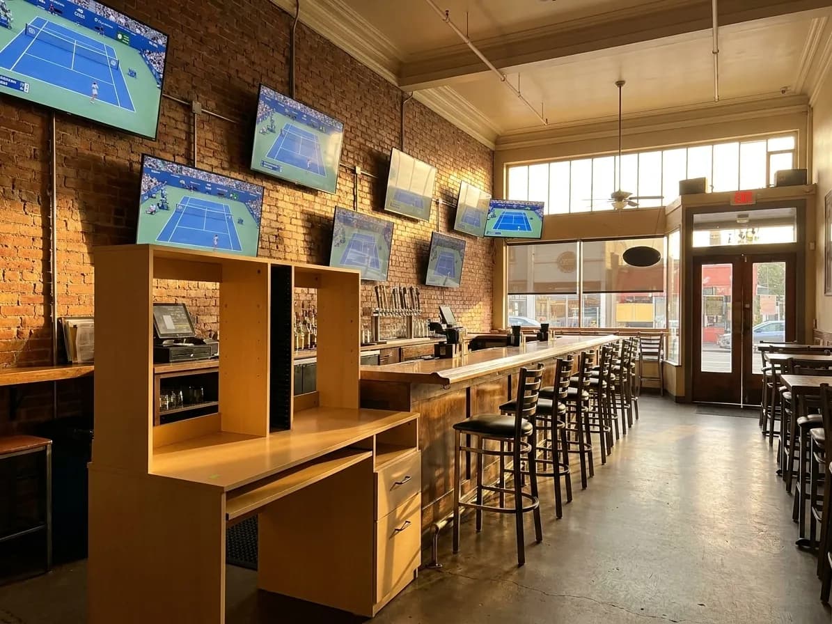 Long bar counter at Rikki's sports bar with multiple television screens mounted on exposed brick walls in San Francisco's Castro district