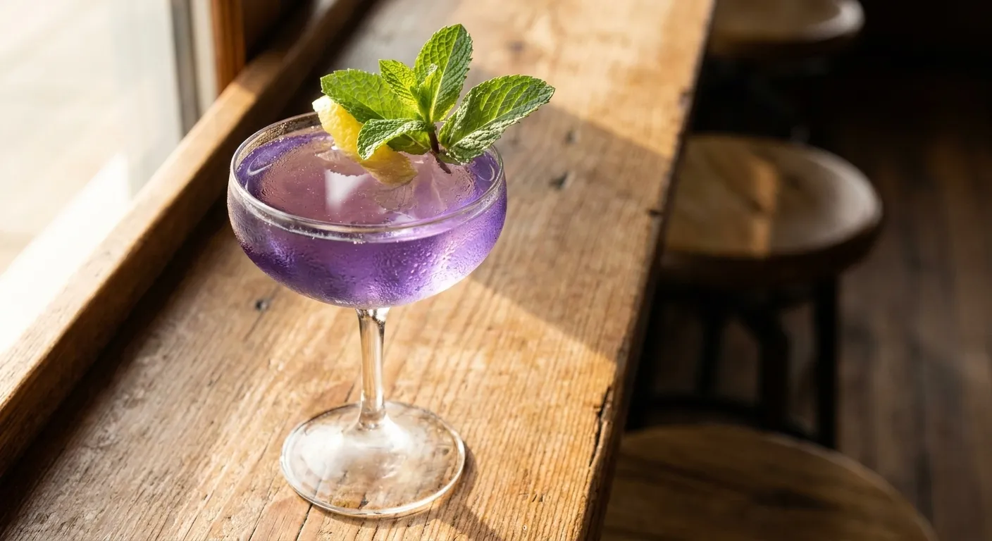 The Ballhalla cocktail in a coupe glass, a shimmering purple drink with fresh mint garnish and condensation on the glass