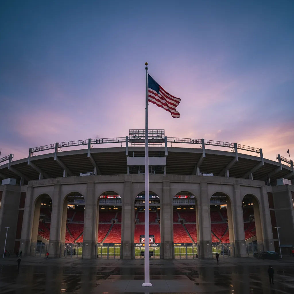 Arrowhead Stadium at dusk with an American flag at half-mast on a foreground flagpole