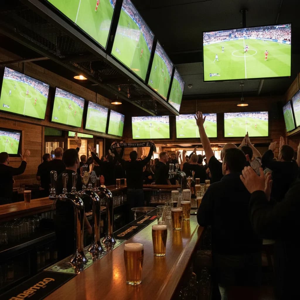 A sports bar interior packed with television screens all showing the same soccer match