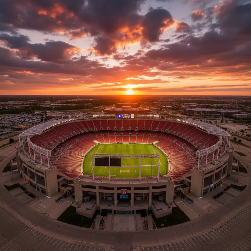 Arrowhead Stadium in Kansas City at golden hour ready for USA vs Bosnia World Cup knockout match