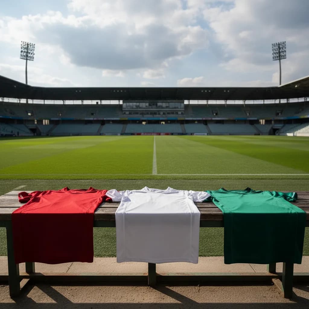 Three different national team jerseys laid out side by side on a stadium bench, folded but empty