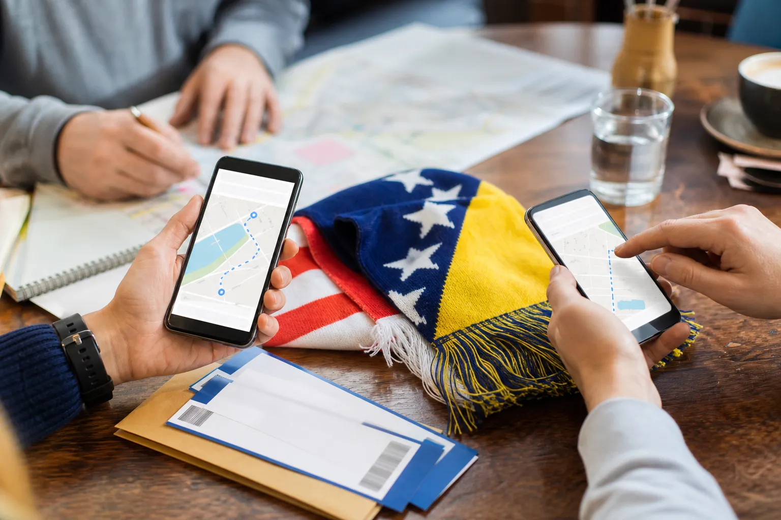 Bright USA match-day planning table with phone, scarf, and tomorrow checklist