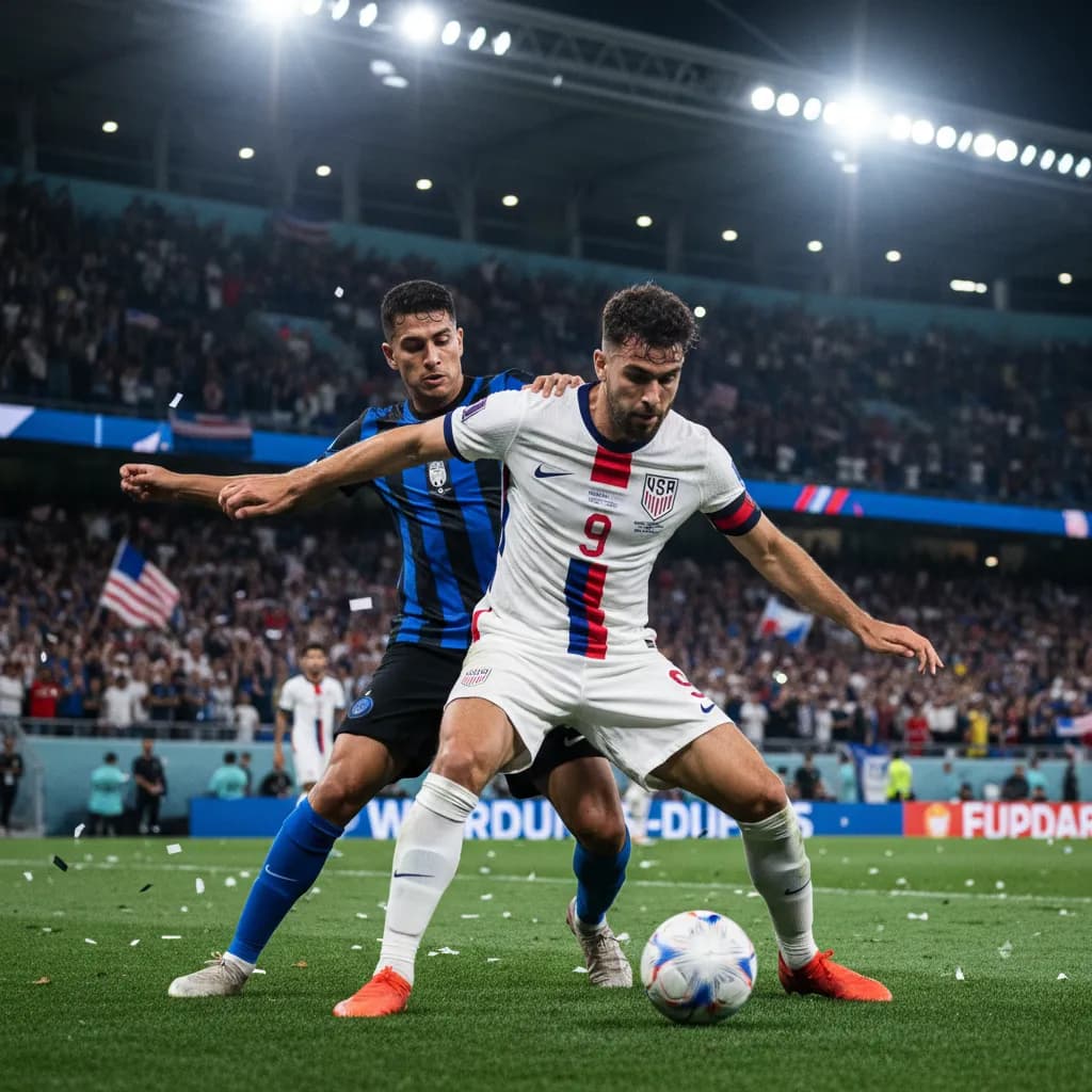 USMNT player pressing an opponent in a white jersey during World Cup 2026