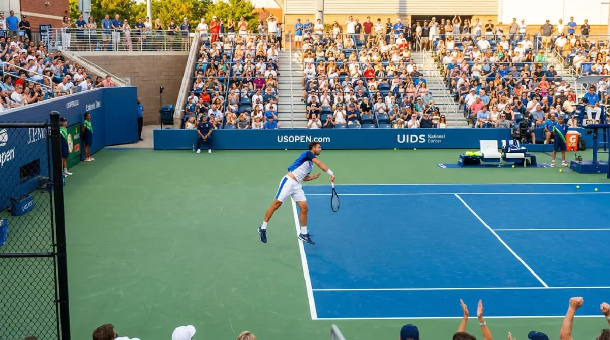 Photorealistic US Open tennis scene for US Open 2026 Dark Horses Ready for a New York Breakthrough.