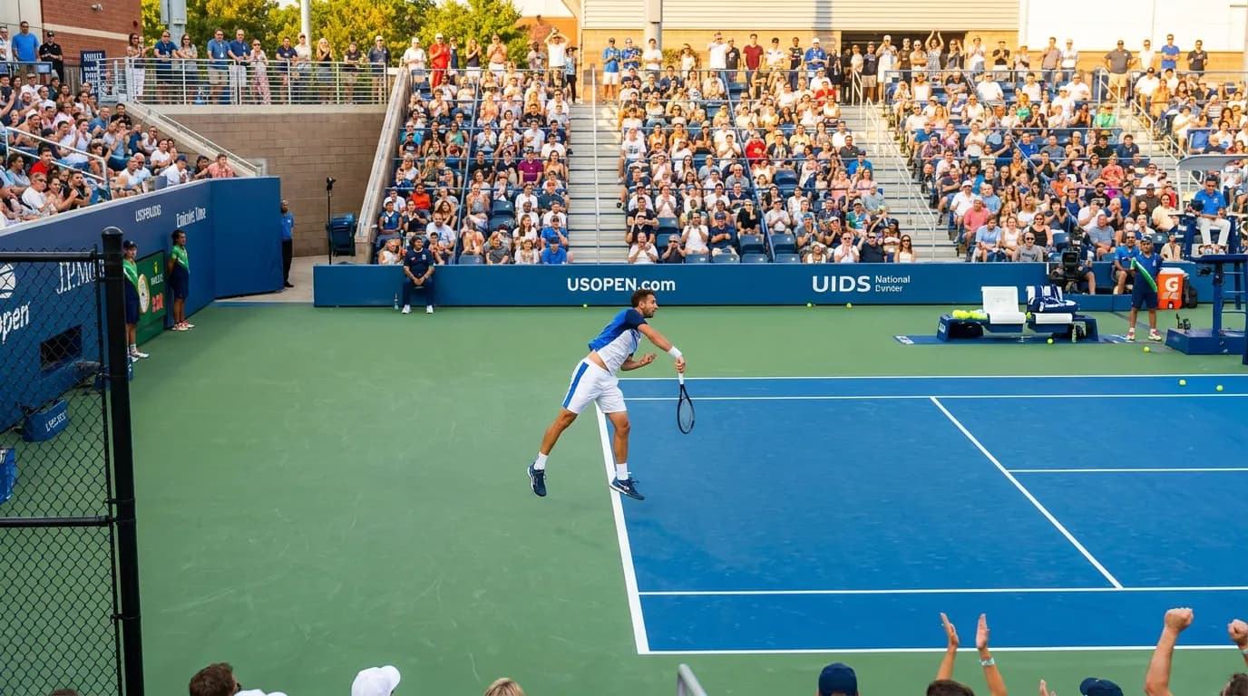 Photorealistic US Open tennis scene for US Open 2026 Dark Horses Ready for a New York Breakthrough.