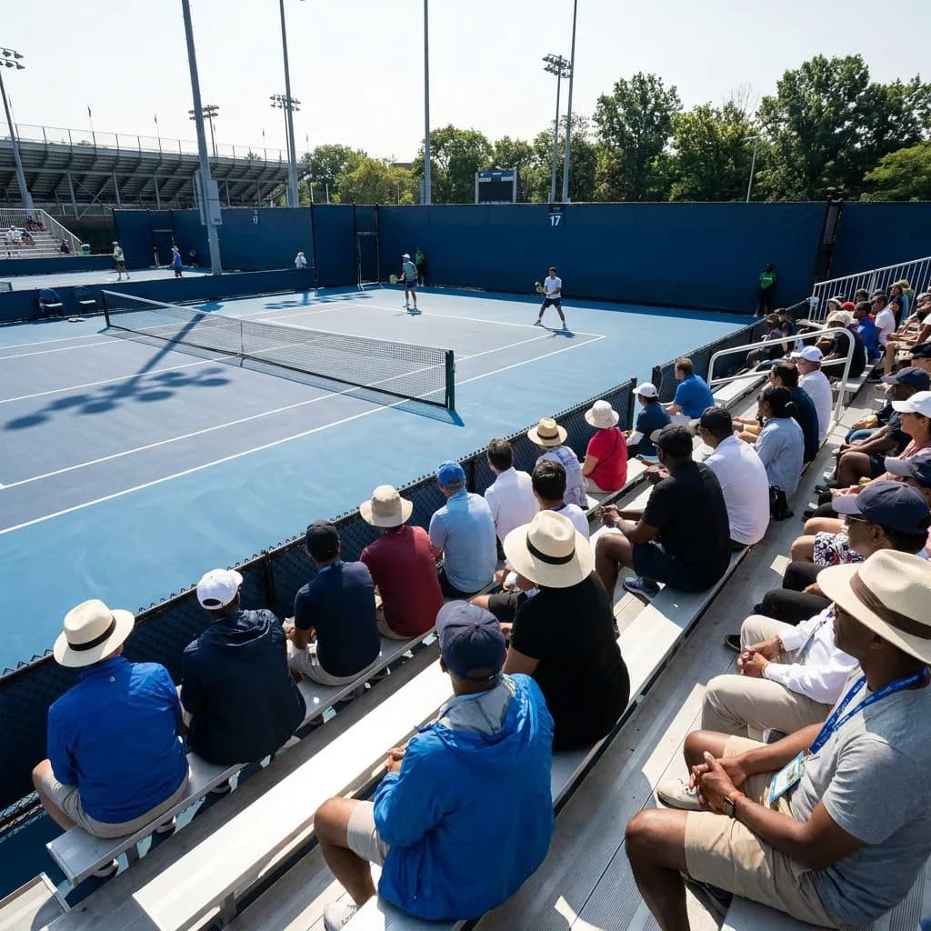 US Open 2026 First Weekend: The Flushing Meadows Circuit Beyond Center Court — Wide view of Court 17 at the Billie Jean King National Tennis Center mid-morning