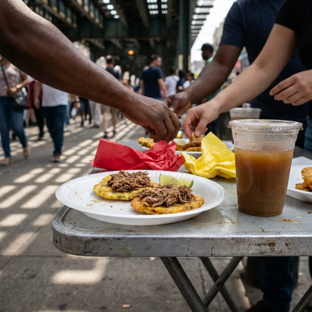US Open 2026 First Weekend: The Flushing Meadows Circuit Beyond Center Court — Detail of a styrofoam plate holding two beef patacones and a lime wedge on a fol