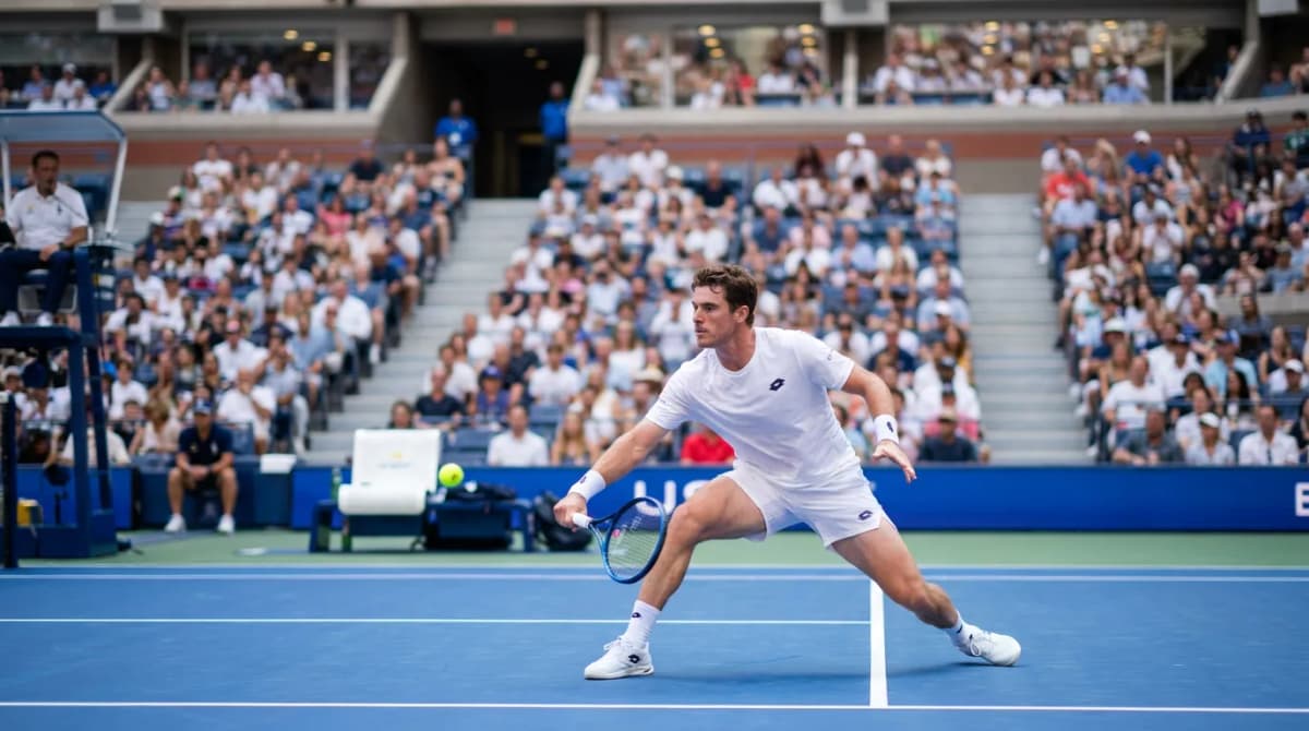 Photorealistic US Open tennis scene for US Open 2026 Predictions Based on Wimbledon Results and Form.
