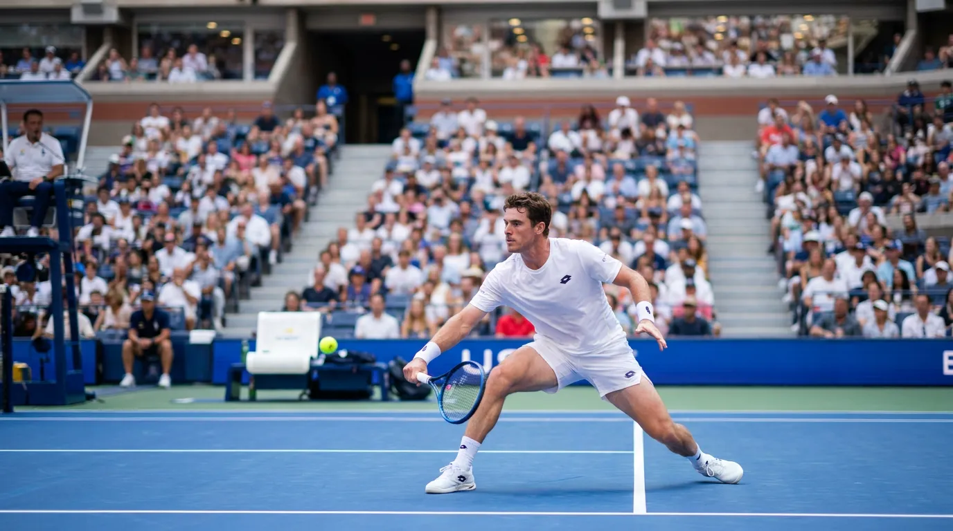 Photorealistic US Open tennis scene for US Open 2026 Predictions Based on Wimbledon Results and Form.