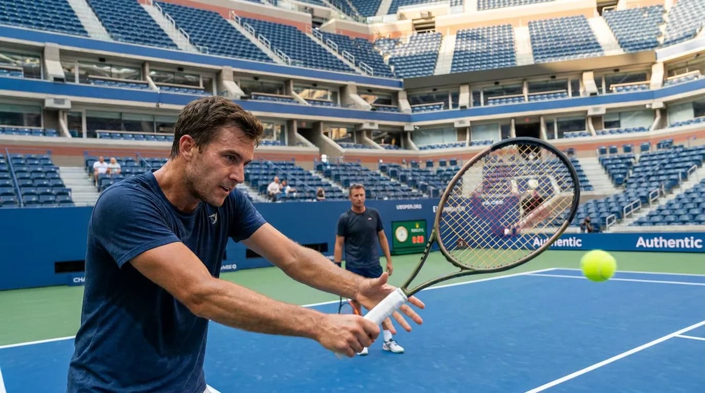 Photorealistic tennis scene illustrating US Open 2026 Predictions Based on Wimbledon Results and Form.