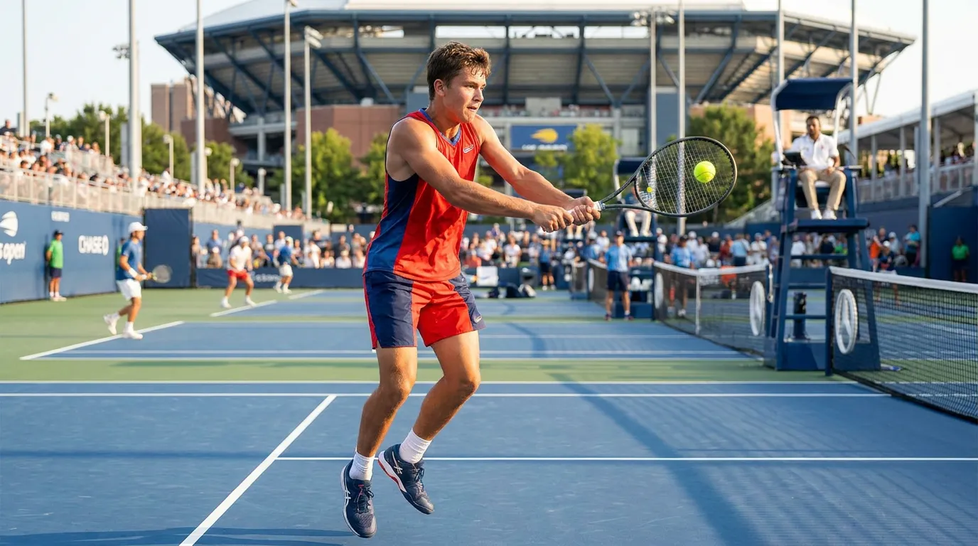 Photorealistic tennis scene illustrating US Open 2026 Qualifying Players Ready to Break Through.