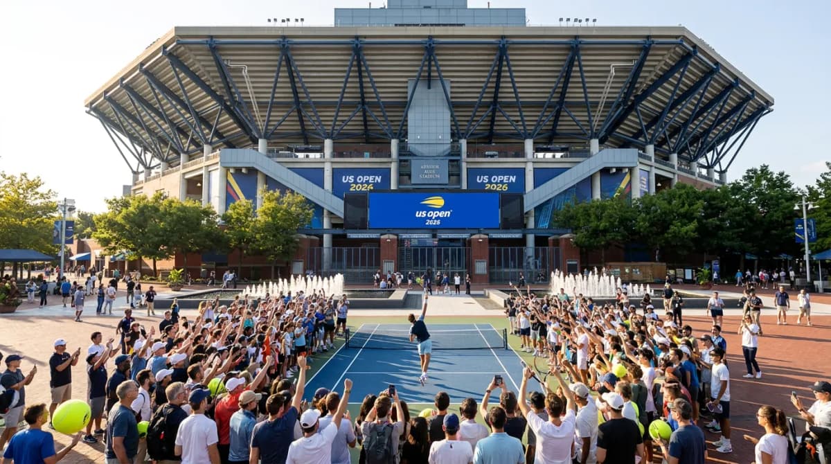 Photorealistic US Open tennis scene for US Open 2026 Schedule: Key Dates Every Tennis Fan Needs.