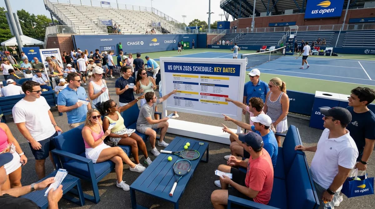 Bright US Open tennis atmosphere illustrating US Open 2026 Schedule: Key Dates Every Tennis Fan Needs.