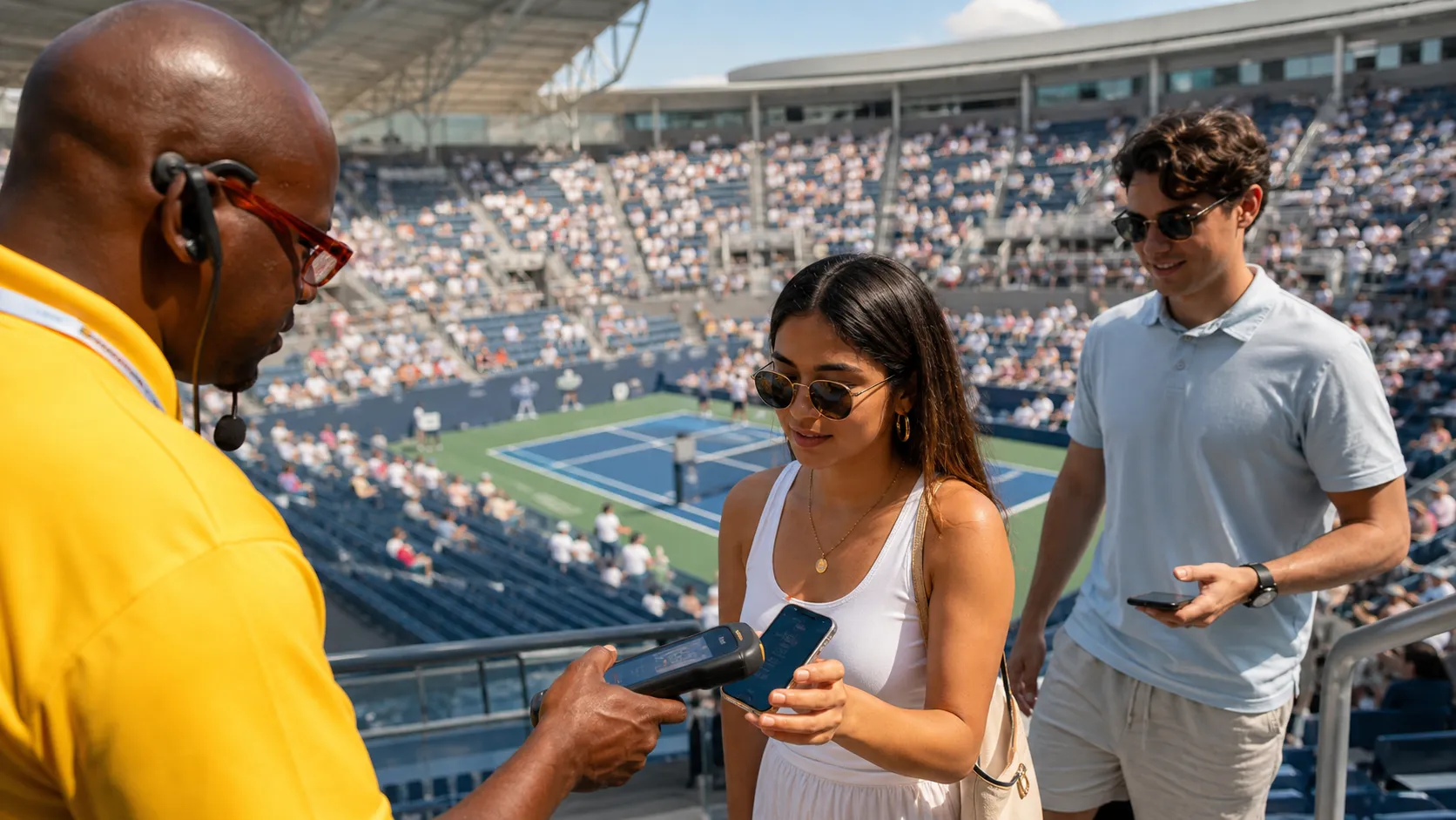 Photorealistic tennis scene illustrating US Open 2026 Ticket Prices: When Should Fans Buy?.