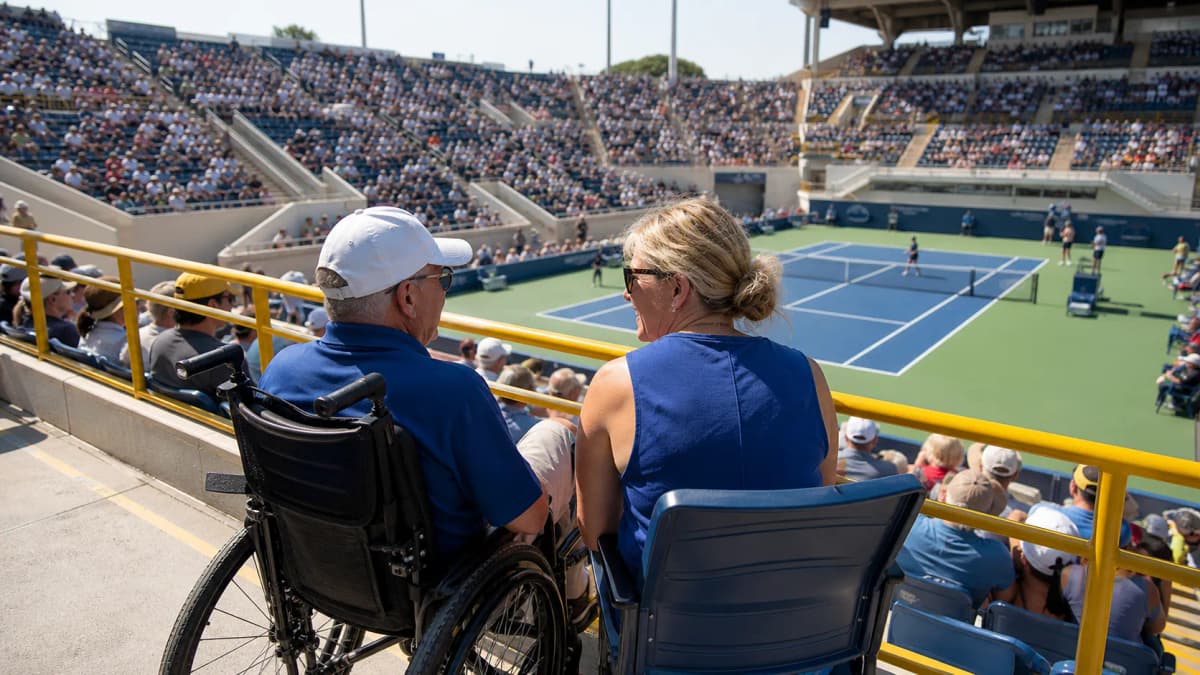 Photorealistic tennis scene illustrating US Open Accessibility Guide for Wheelchairs and Companion Seating.