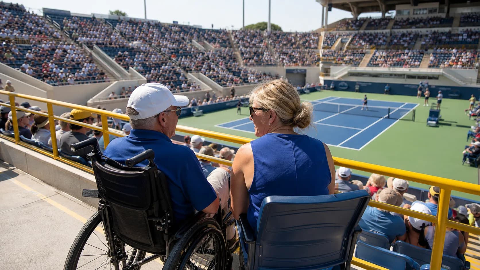 Photorealistic tennis scene illustrating US Open Accessibility Guide for Wheelchairs and Companion Seating.
