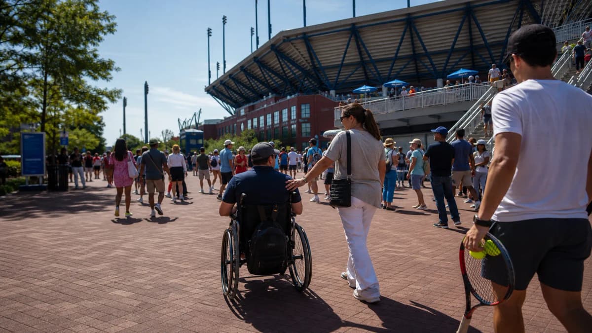 Bright US Open tennis atmosphere illustrating US Open Accessibility Guide for Wheelchairs and Companion Seating.
