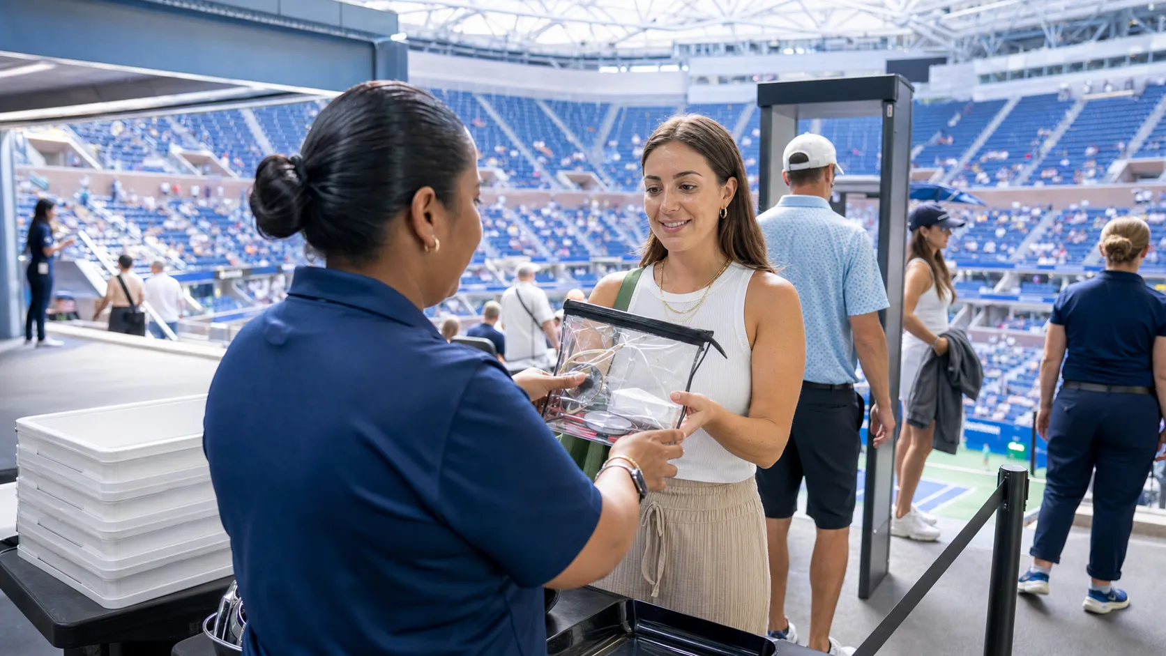 Photorealistic tennis scene illustrating US Open Bag Policy: What Fans Can Bring Inside.
