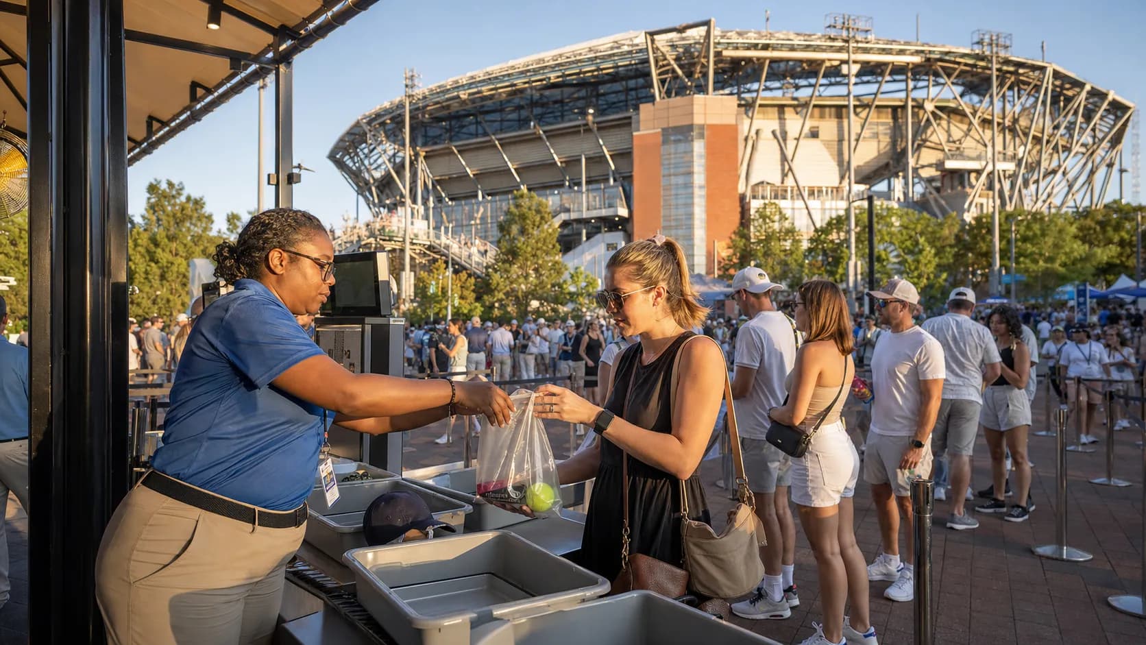 Bright US Open tennis atmosphere illustrating US Open Bag Policy: What Fans Can Bring Inside.