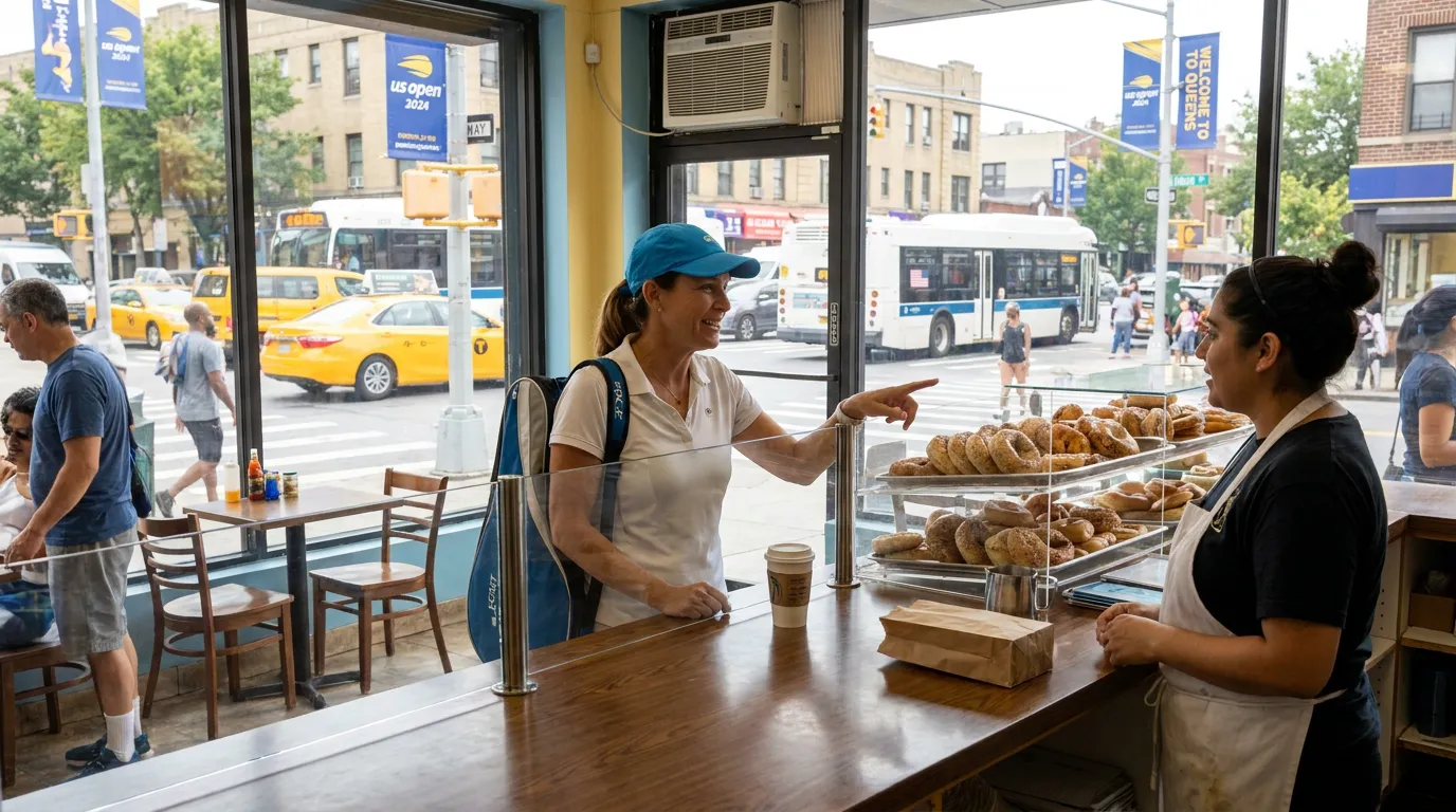 Photorealistic US Open tennis scene for US Open Breakfast Spots Before a Morning Match.