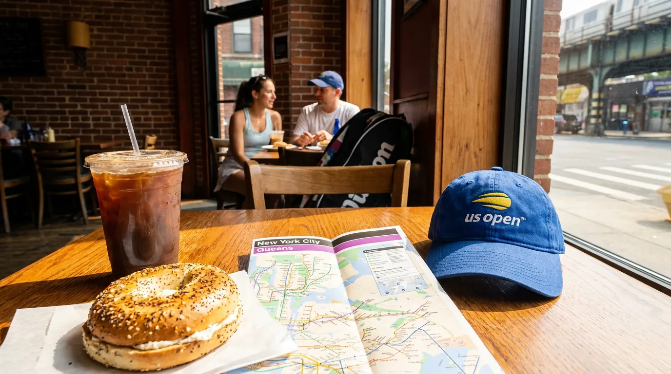 Photorealistic tennis scene illustrating US Open Breakfast Spots Before a Morning Match.