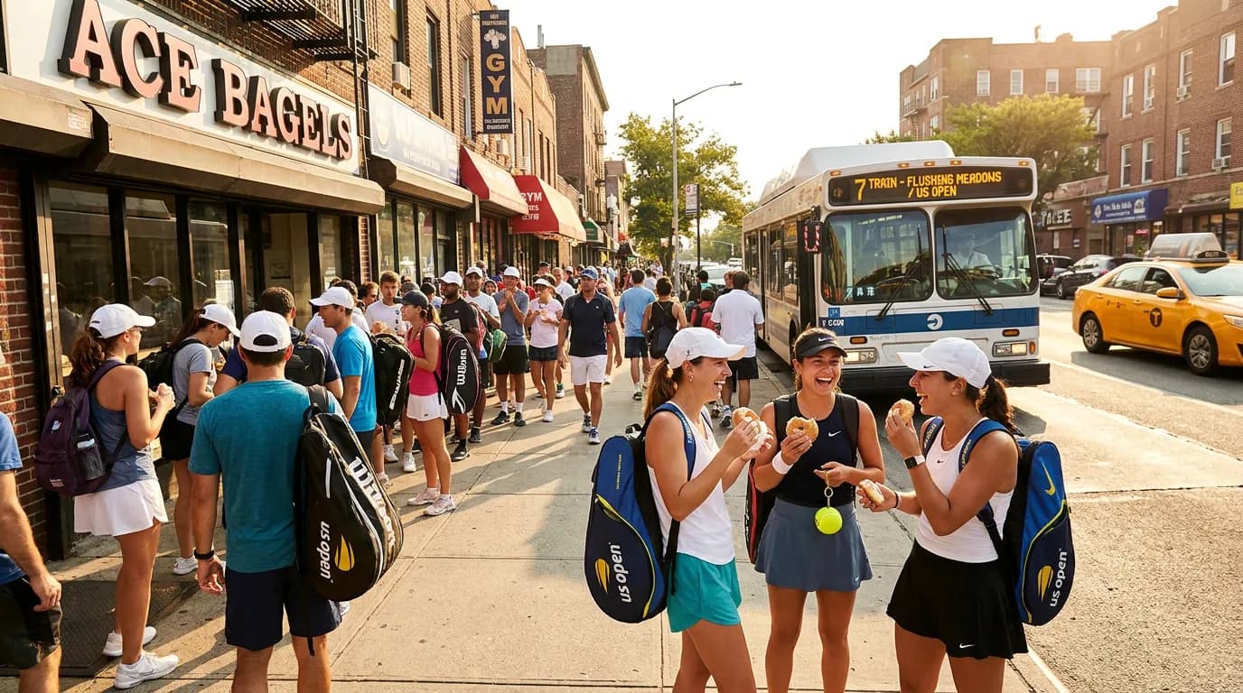Bright US Open tennis atmosphere illustrating US Open Breakfast Spots Before a Morning Match.