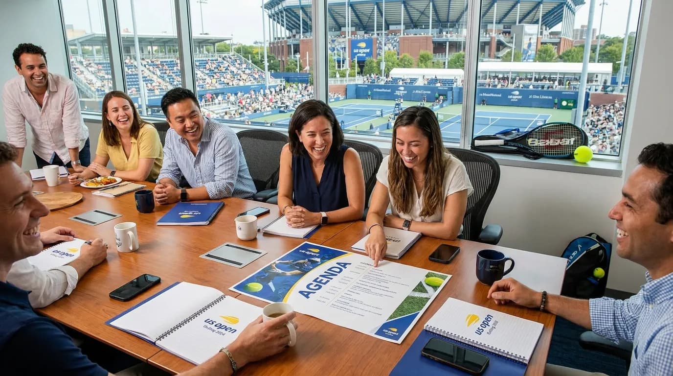 Photorealistic US Open tennis scene for US Open Corporate Outings That Still Feel Fun.