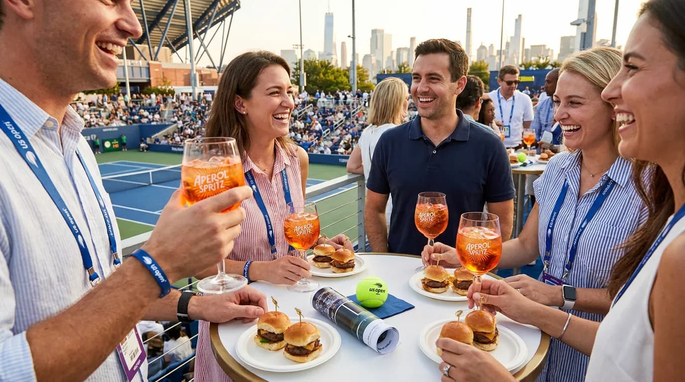 Photorealistic tennis scene illustrating US Open Corporate Outings That Still Feel Fun.