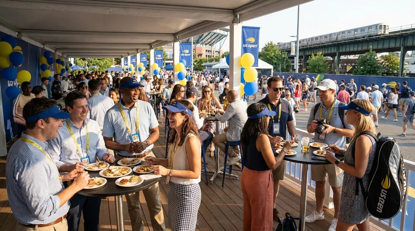 Bright US Open tennis atmosphere illustrating US Open Corporate Outings That Still Feel Fun.