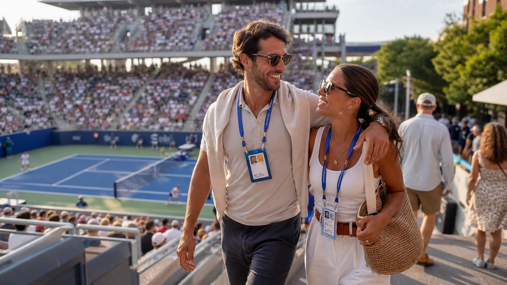 Photorealistic US Open tennis scene for US Open Date Night Guide: Best Sessions and Nearby Stops.