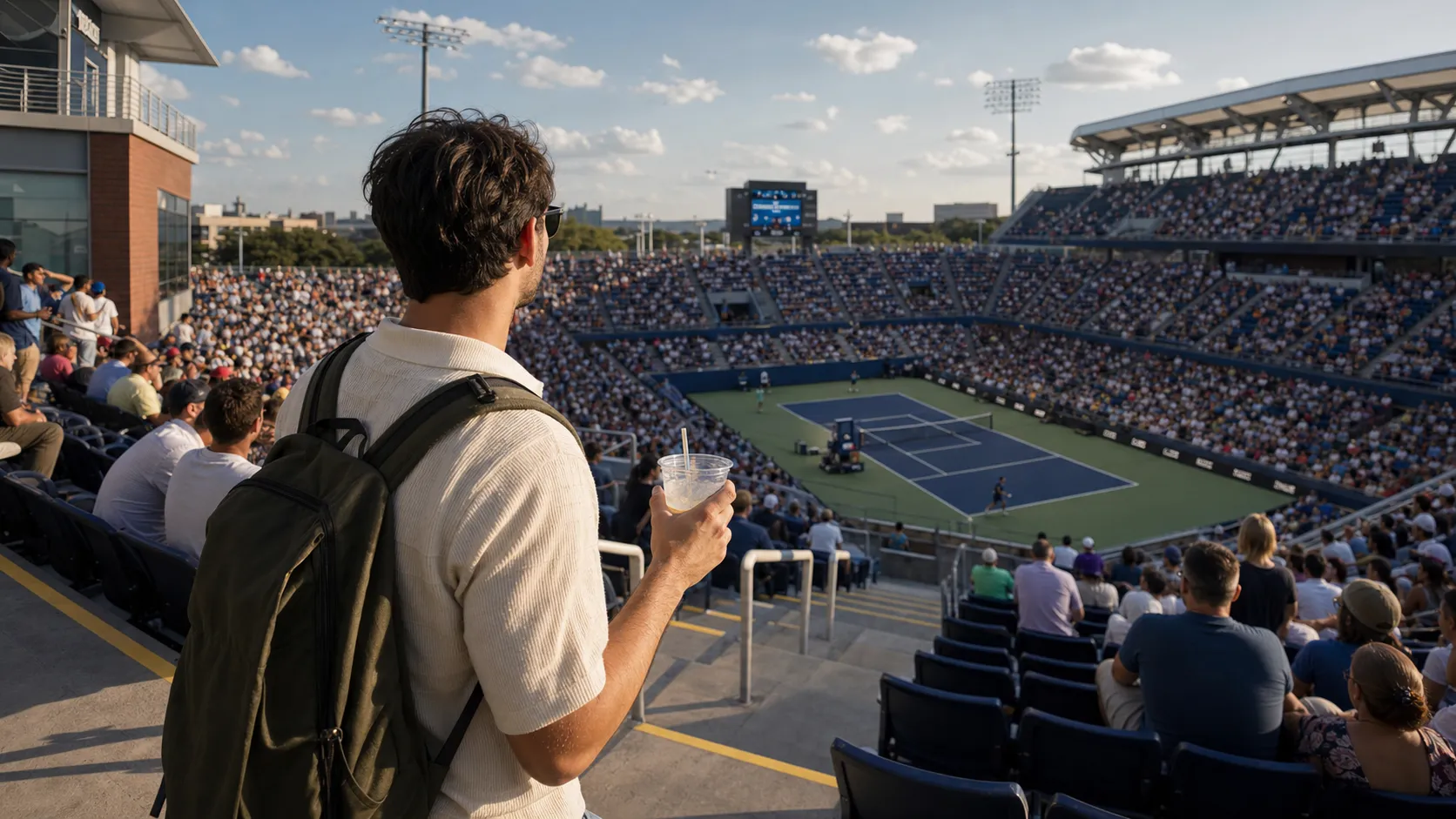 Bright US Open tennis atmosphere illustrating US Open Date Night Guide: Best Sessions and Nearby Stops.