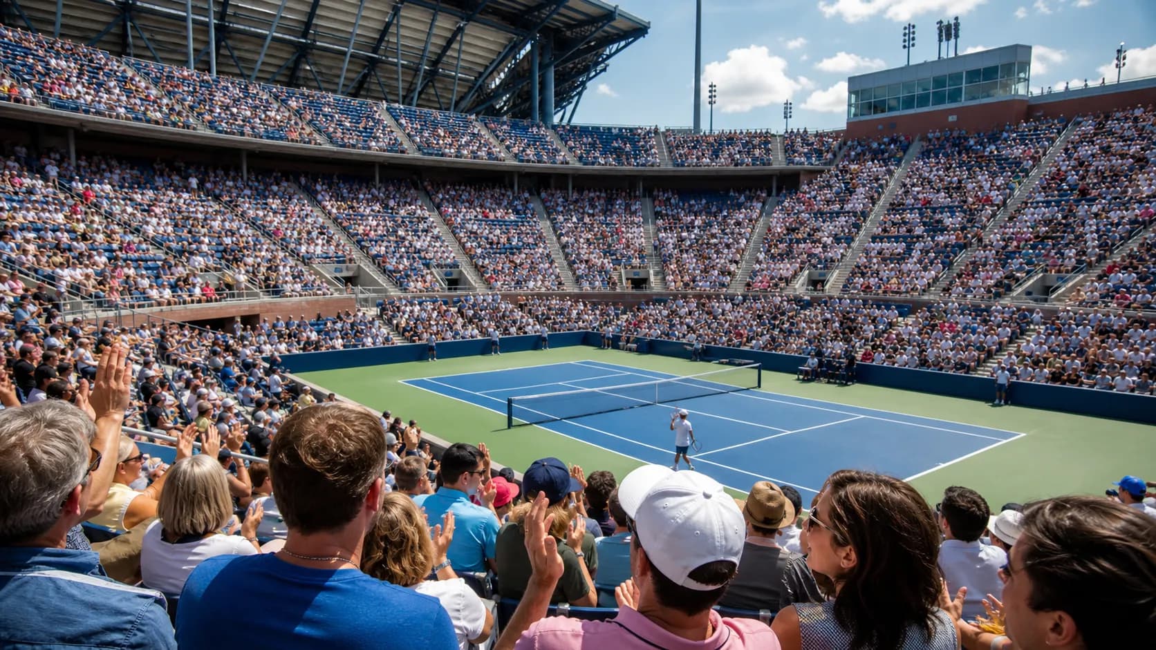 Photorealistic US Open tennis scene for US Open Day Session or Night Session: Which Wins?.