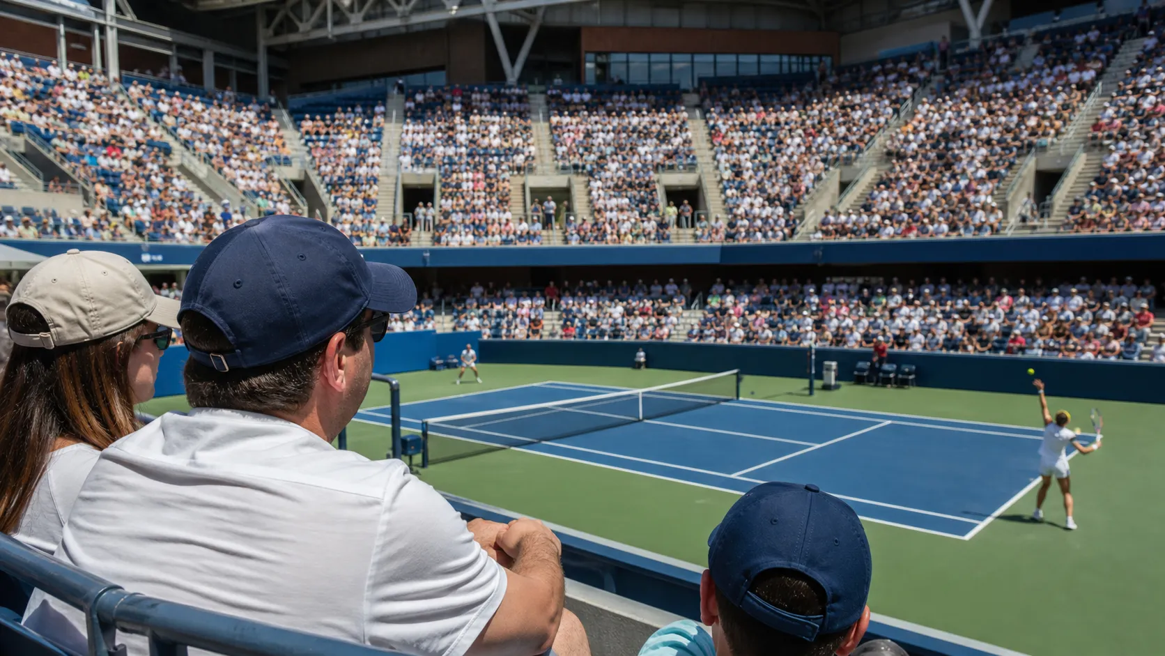 Photorealistic tennis scene illustrating US Open Day Session or Night Session: Which Wins?.