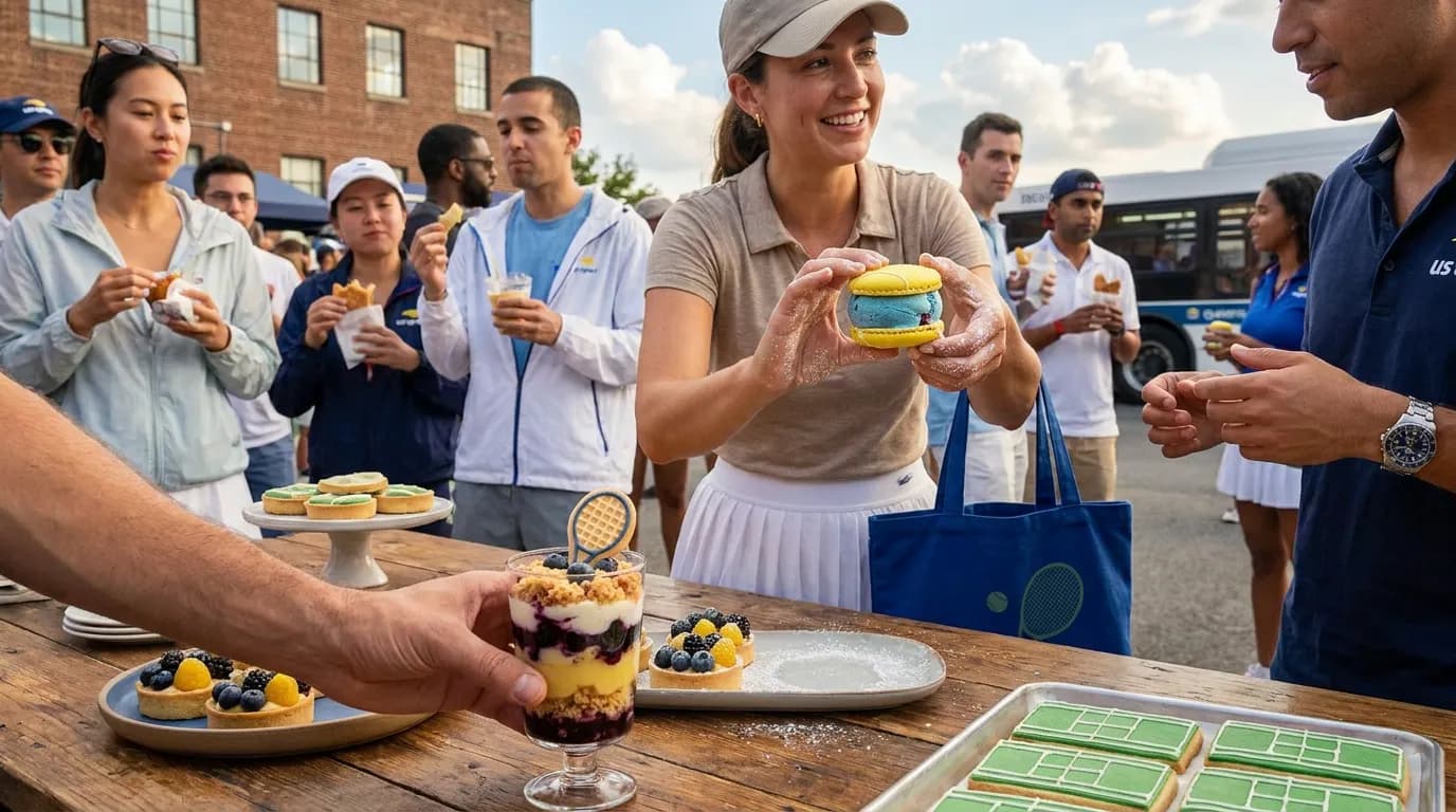 Photorealistic tennis scene illustrating US Open Dessert Ideas Beyond Honey Deuce Photos.