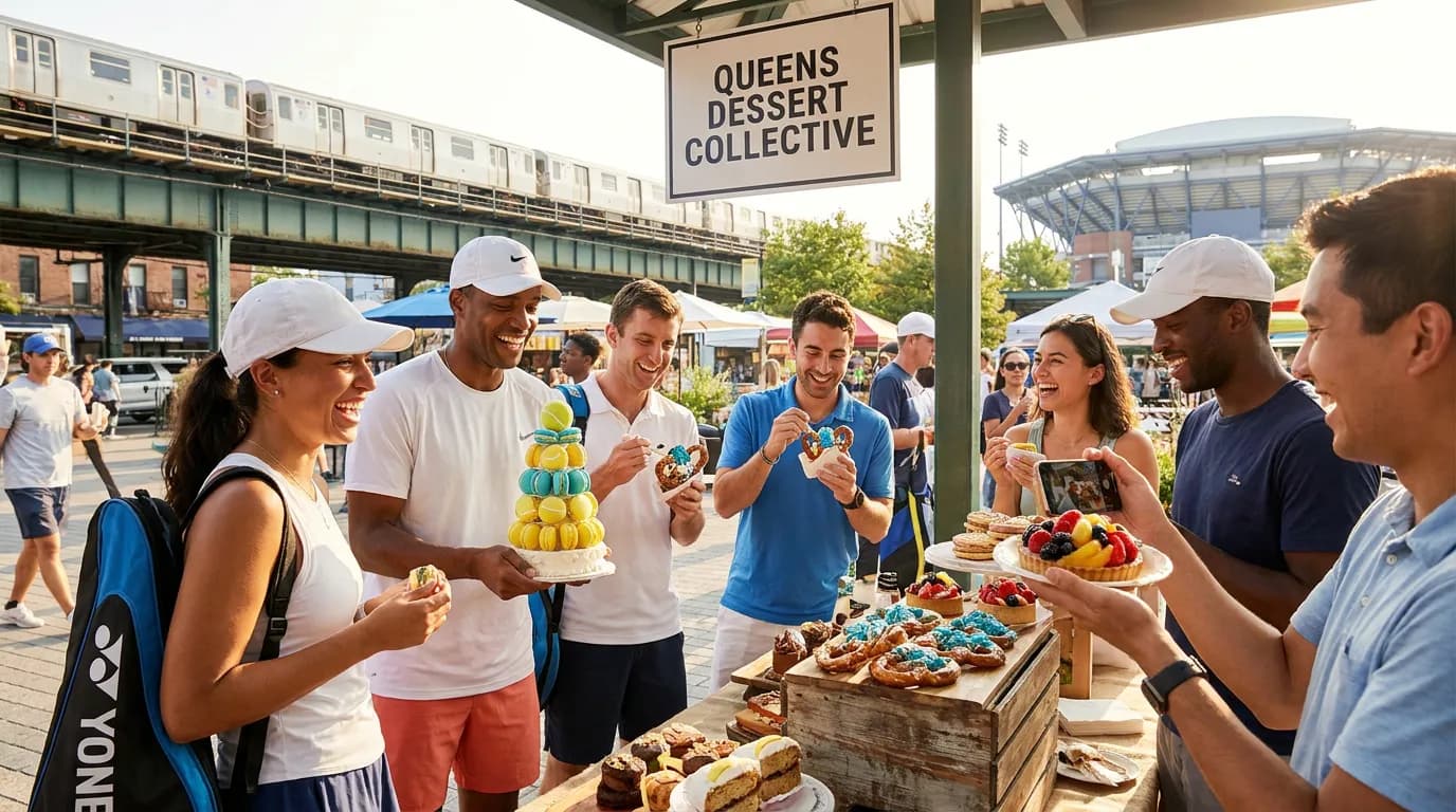 Bright US Open tennis atmosphere illustrating US Open Dessert Ideas Beyond Honey Deuce Photos.
