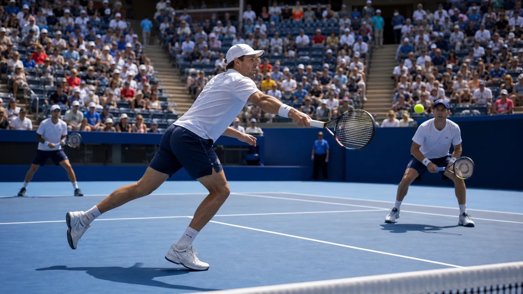 Photorealistic US Open tennis scene for US Open Doubles Guide: Why These Matches Deliver More Action.