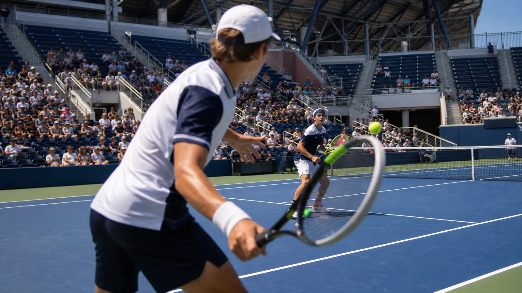 Photorealistic tennis scene illustrating US Open Doubles Guide: Why These Matches Deliver More Action.