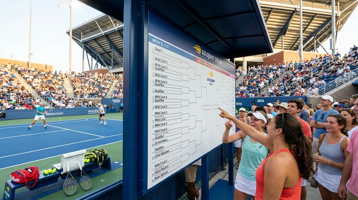Photorealistic US Open tennis scene for US Open Draw Explained: Seeds, Wild Cards and Qualifying.