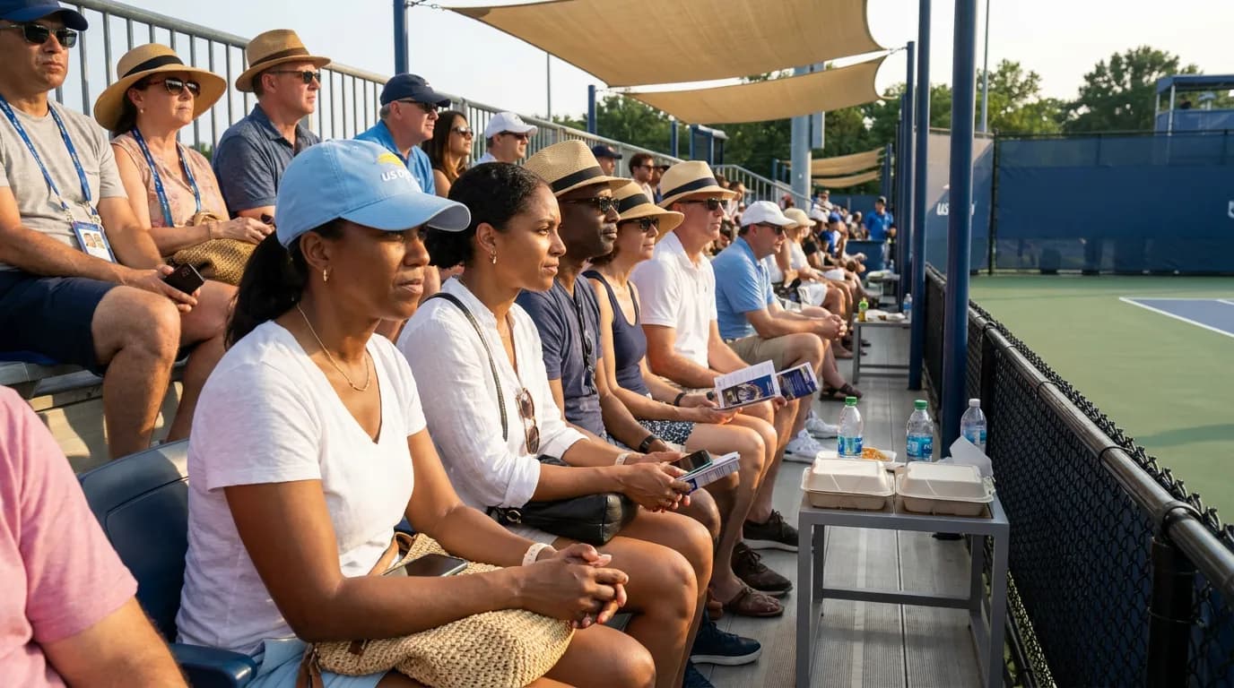 Photorealistic tennis scene illustrating US Open Etiquette New Tennis Fans Should Know.