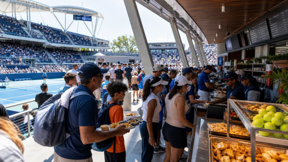 Photorealistic US Open tennis scene for US Open Family Guide: Tickets, Food, and Kid-Friendly Sessions.