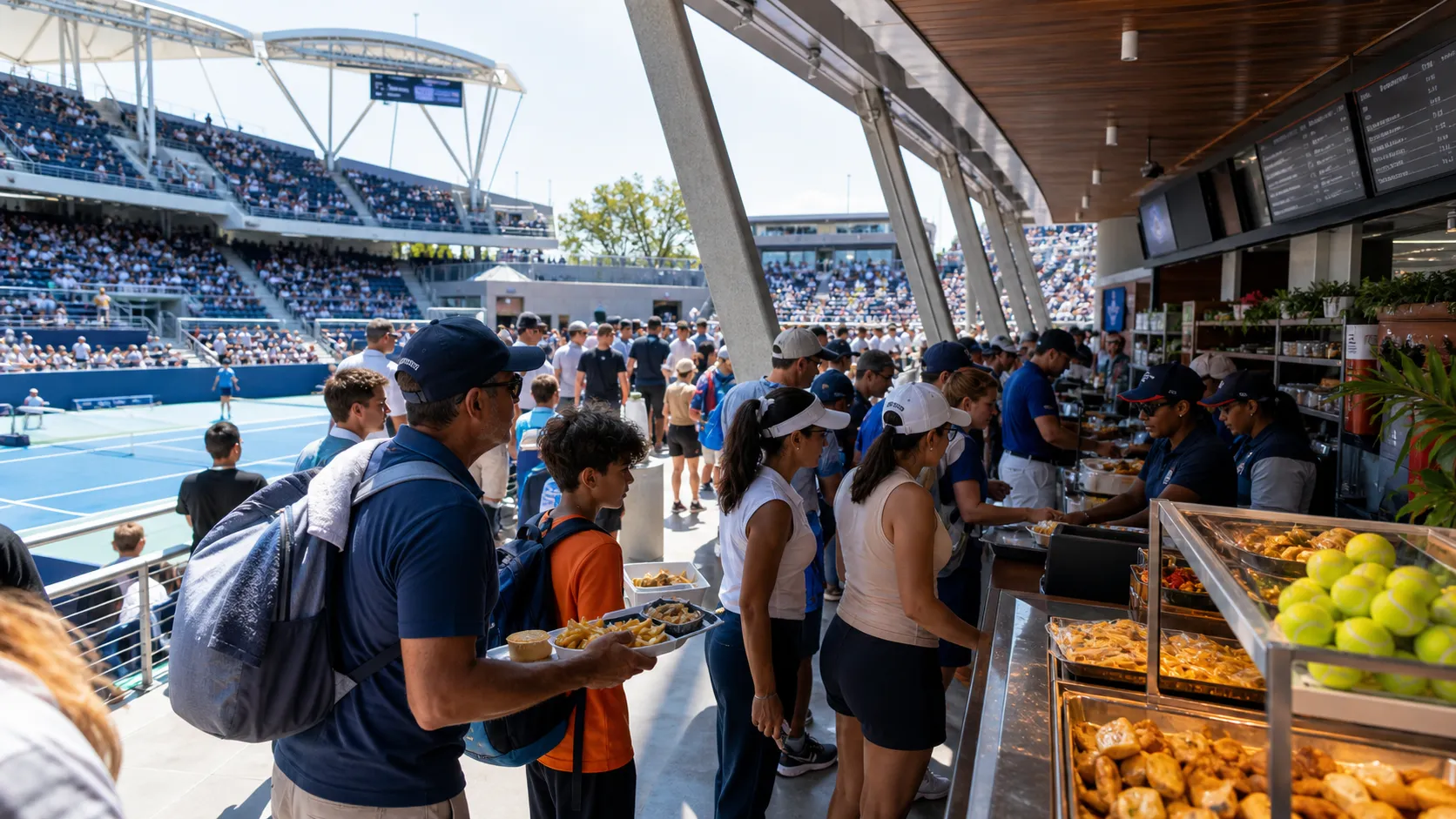 Photorealistic US Open tennis scene for US Open Family Guide: Tickets, Food, and Kid-Friendly Sessions.