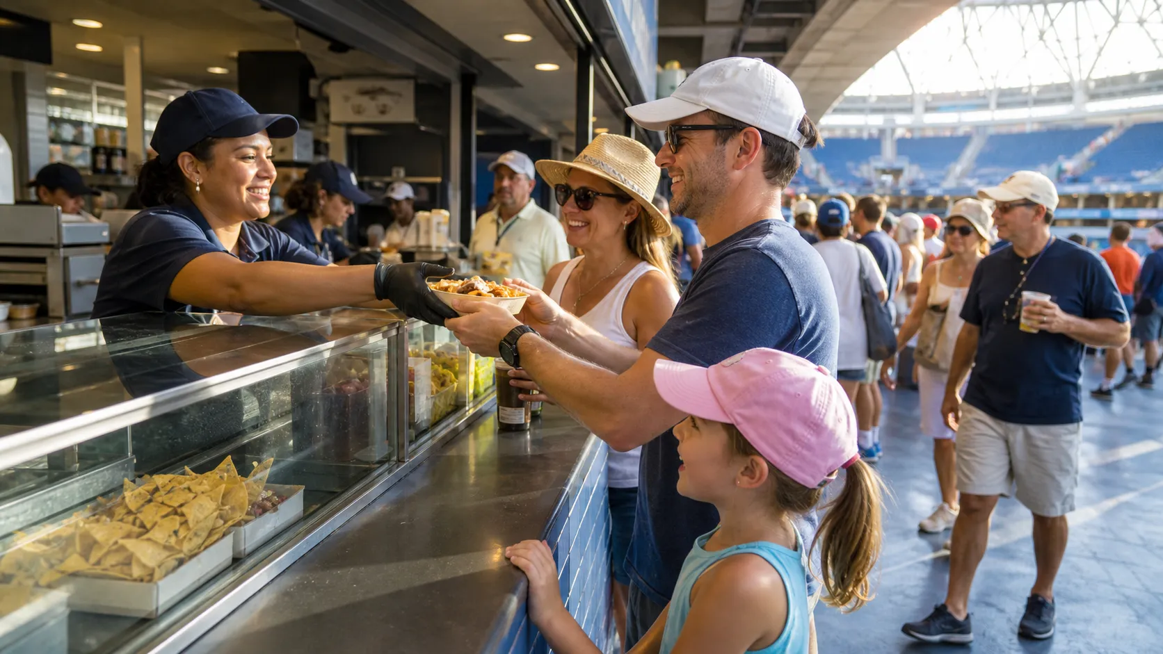 Photorealistic tennis scene illustrating US Open Family Guide: Tickets, Food, and Kid-Friendly Sessions.