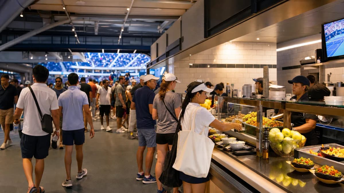 Bright US Open tennis atmosphere illustrating US Open Family Guide: Tickets, Food, and Kid-Friendly Sessions.
