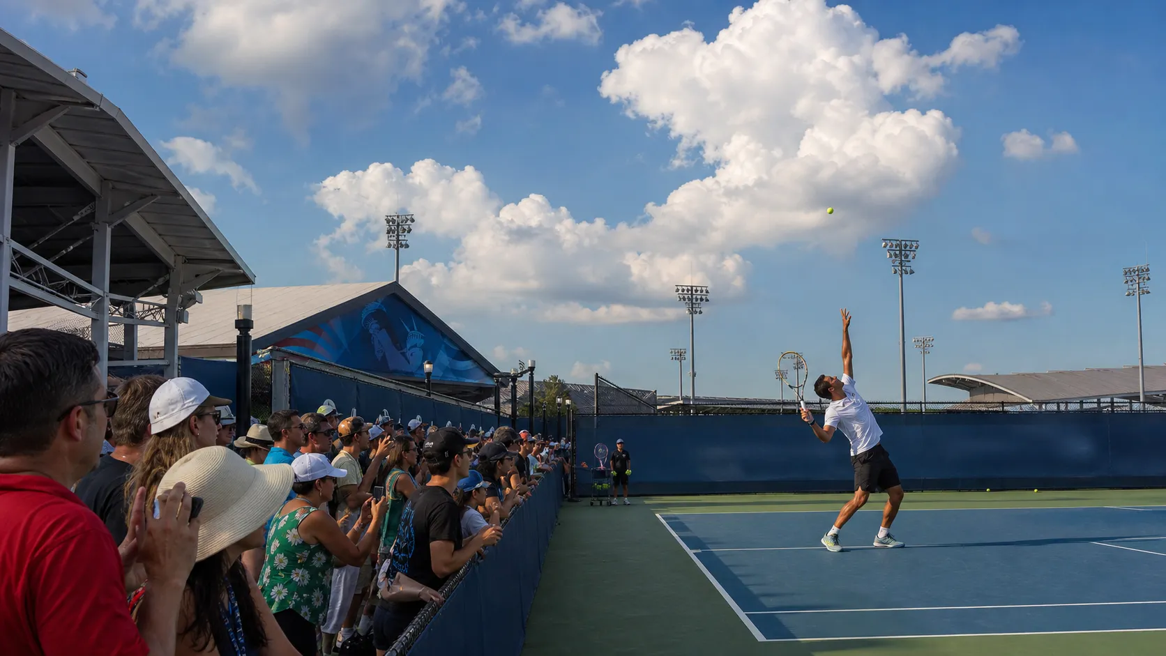 Bright US Open tennis atmosphere illustrating US Open Fan Week Qualifying: How the Experience Works.