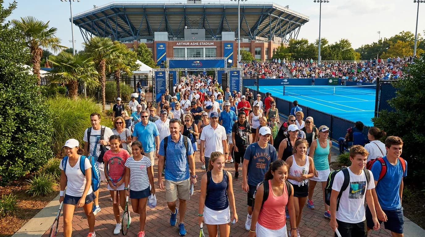 Photorealistic US Open tennis scene for US Open First-Timer Guide: Tickets, Transit and Fan Week.