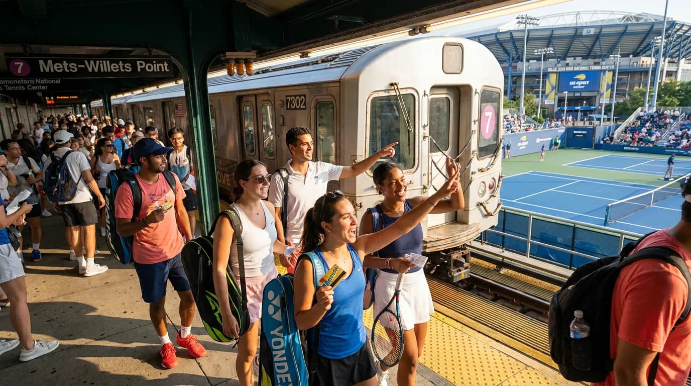 Photorealistic tennis scene illustrating US Open First-Timer Guide: Tickets, Transit and Fan Week.