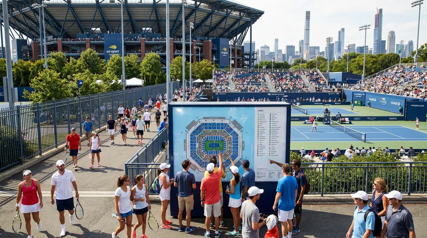 Bright US Open tennis atmosphere illustrating US Open First-Timer Guide: Tickets, Transit and Fan Week.