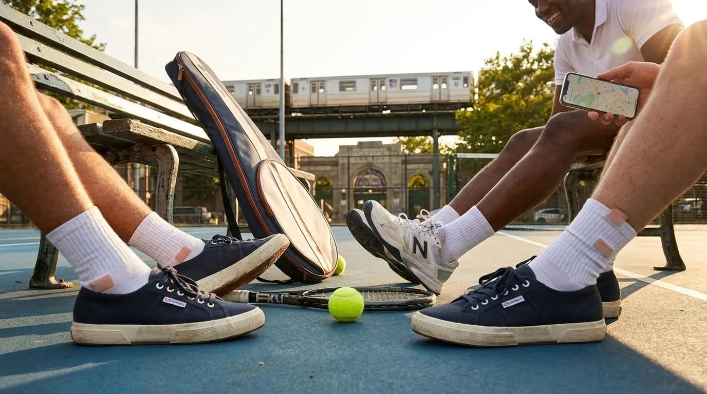 Bright editorial scene supporting US Open Footwear Guide for Twenty-Thousand-Step Stadium Days.