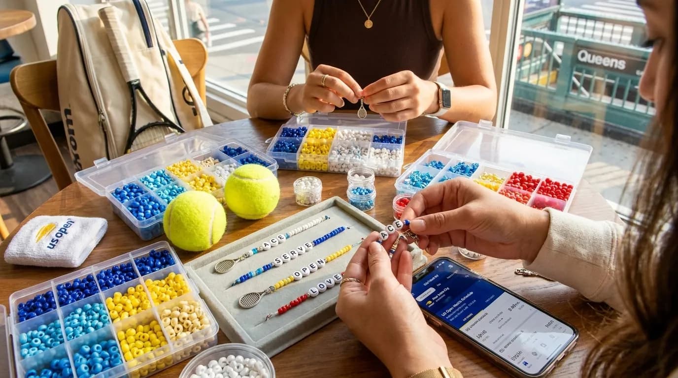 Bright editorial scene supporting US Open Friendship Bracelet Ideas Inspired by Tennis Traditions.